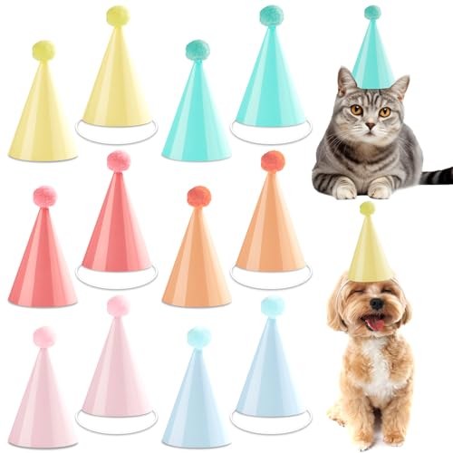 48Pcs Mini Pastel Birthday Party Hats for Stuffed Animals 5Inch Adjustable Cone Caps with DIY Pom Poms Colorful Mini Party Hats Pets Dolls Kids Small Pastel Birthday Decorations Kit for Holidays