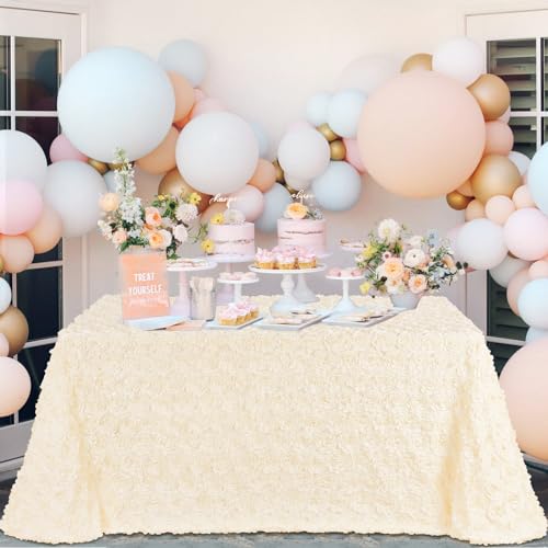 Fanqisi Ivory Tablecloth 90x156 Inches Rosette Satin Table Cover Home Party Decorations for Wedding Party Table Top Decor
