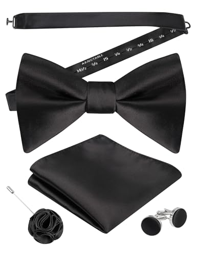 Image of Alizeal Mens 4pcs Formal Solid Bow Tie Set | Pre-tied Pocket Square Cufflinks Boutonniere for Wedding Everyday Use