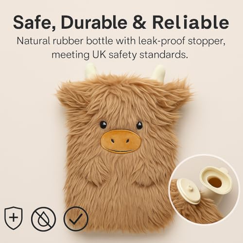 A2Z Highland Rinder 3D-Wärmflasche, 1 Liter Fassungsvermögen, weicher Plüschbezug, niedliches Tier-Design, Naturkautschuk, Wärmetherapie, Nacken-, Rückenschmerzen, Entspannung, Geschenkidee für