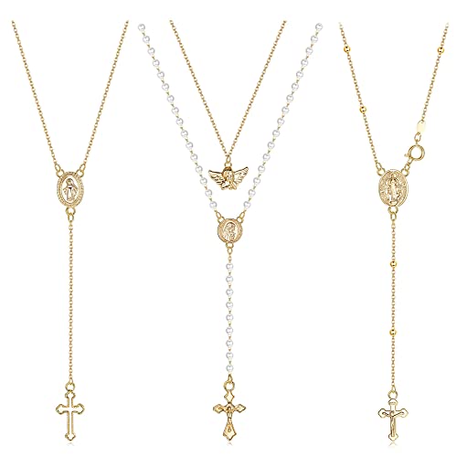 Morfetto Colliers Croix pour Femmes Hommes Chapelet Colliers Catholiques avec Ange Jésus Vierge...