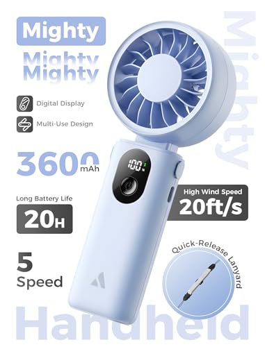 Image of Aecooly Mighty Portable Handheld Fan | 20H Max Cooling Time | 3 Flexible Modes | 5 Speeds Wind | Battery Level Display | USB Rechargeable Mini Personal Battery Powered, Gifts for Women, Travel -Blue