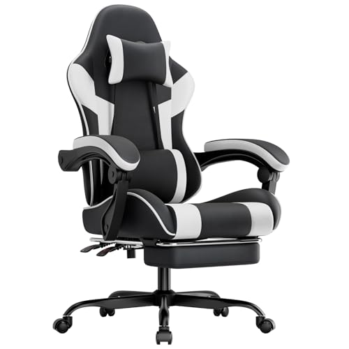 Calivra Chaise de gaming ergonomique avec repose-pieds, accoudoirs réglables, chaise de bureau, ergonomique, avec support lombaire (noir et blanc)