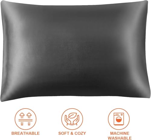 Image of Satin Pillow Covers Set of 2 - Soft & Smooth Pillowcases for Hair & Skin Care | Envelope Closure | Includes 3 Free Random Color Scrunchies | Frizz-Free Sleep Essentials (Gray)