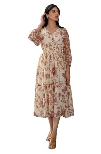 Image of Janasya Women's Lavender Dobby Georgette Floral Tiered Dress