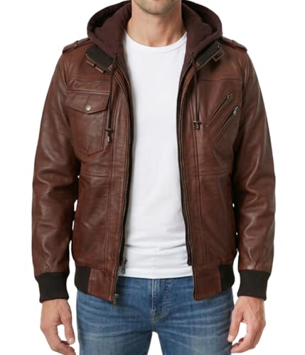 Image of Decrum Mens Leather Jacket - Detachable Hood Stylish Real Lambskin Leather Bomber Jacket Men
