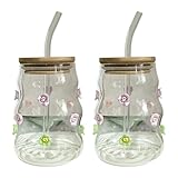 Glasbecher mit Deckel und Strohhalm, 450ml Gestreifte Glasbeche Eiskaffee Becher Vintage Ästhetische Glas Tasse für Milch, Eiskaffee und Eistee(2 Stück, Rose)
