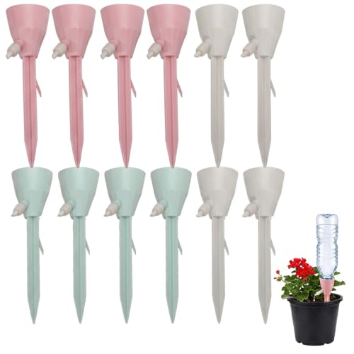 12 Piezas riego automatico macetas, riego por Goteo para macetas Ajustable, Dispensadores Agua Botella para Plantas Interior Balcón Terraza Jardín, Viaje Casa, Tonos Verde Rosa Blanco