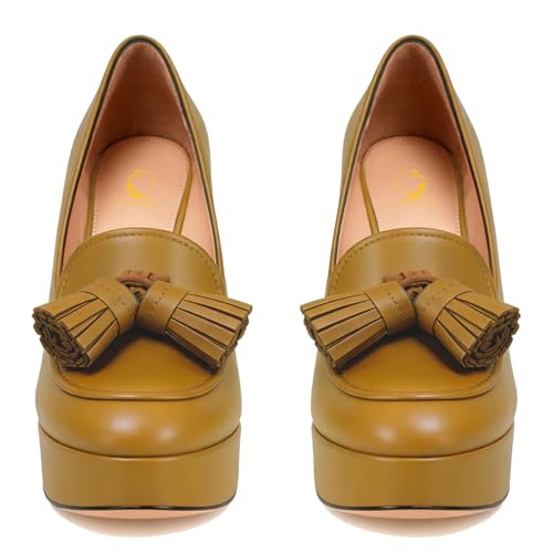 Image of SHODENSE Women Vintage Chunky Platform Loafers Pumps Tassel Round Closed Toe Slip On Suede Block High Heel Dress Loafer Shoes Buckle Strap Oxford Loafers Fringe Pump Dressy Chic Sexy Y2k 4-11 M US