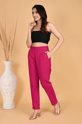 Image of Women's Solid Straight Fit 100% Cotton Trousers | High Waist, Side Pockets, Ankle Length Pants for Office, Casual
