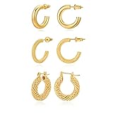 3 Pair 14K Chunky Gold Hoop Earrings for Women,Small Gold Hoop Earrings,14k Gold Hoop Earrings,Gold
