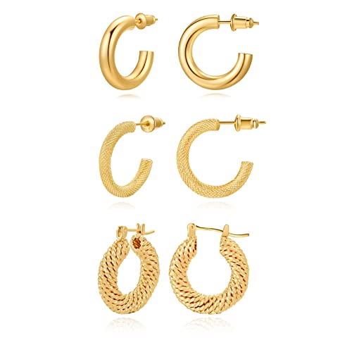 3 Pair 14K Chunky Gold Hoop Earrings For Women,Small Gold Hoop Earrings,14K Gold Hoop Earrings,Gold Huggie Earrings,Gold Plated Hoop Earrings #TOP13