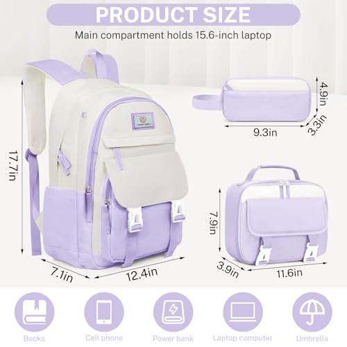 School Backpack for Girls - 4PCS Cute Girls Backpack with Lunch Box Set for Teens Women College, Middle & High School Bookbag Daypack with Aesthetic Design - 18″ Large Capacity (Age 12-25)3