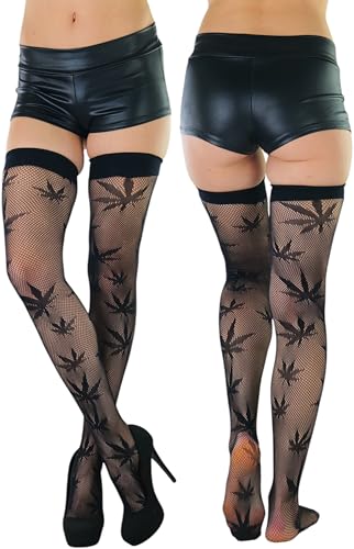 Image of ToBeInStyle Women's Thigh High Stockings Bodystocking Tights Medicinal Cannabis Marijuana Weed Leaf Print Festival Hosiery