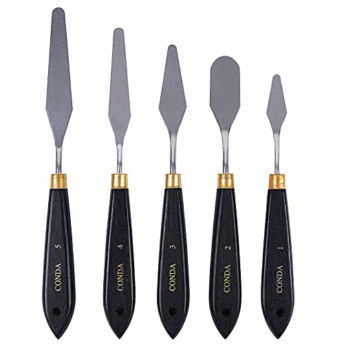 Image of conda Palette Knife Painting Stainless Steel Spatula Palette Knife Oil Paint Metal Knives Wood Handle (Black 5 Piece)