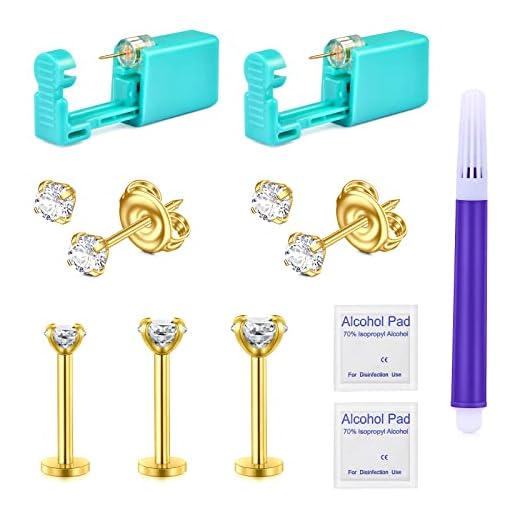 JIESIBAO Ear Piercing Kit, Disposable Safety Gold Self Ear Piercing Gun Kit with 16G CZ Crystal Surgical Steel Cartilage Tragus Helix Monroe Earrings Jewelry