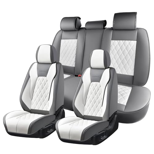 Image of Coverado Front and Back Seat Covers for Cars, 5 Seats Automotive Seat Covers, Faux Leather Car Seat Covers Seat Protectors Car Seat Cushion Carseat Cover Universal Fit for Most Cars Truck - Gray&White