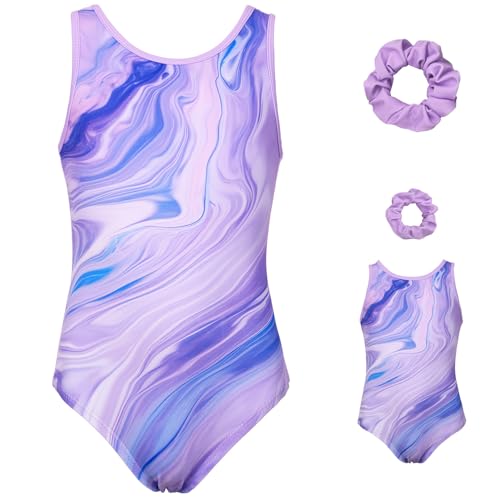 JOYSTREAM Gymnastics Leotards for Girls Matching 18 inch dolls Training bodysuits Sparkly Ballet Dance Activewear Purple Stripes 8-9Years