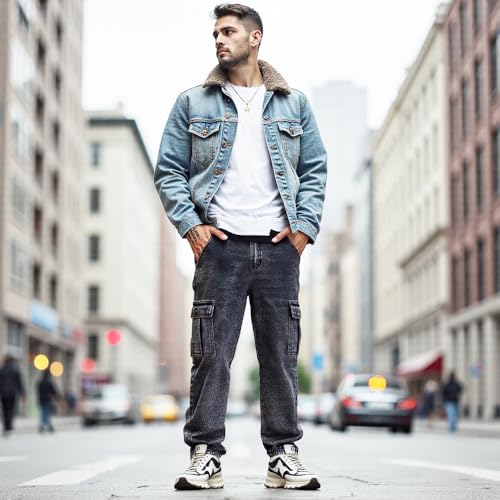 Men’s Slim Fit Cargo Jeans – Straight Leg Streetwear Denim Pants with Flap Pockets, Multipocket Workwear Style3