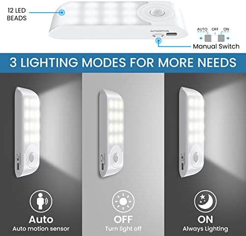 Motion Sensor Lights Indoor[2 Packs], USB Rechargeable Night Light Cupboard light with 3 Modes, Warm White nightlight with Removable Magnetic Strips for Wardrobes Cabinet, Bedrooms, Stairs, Hallway