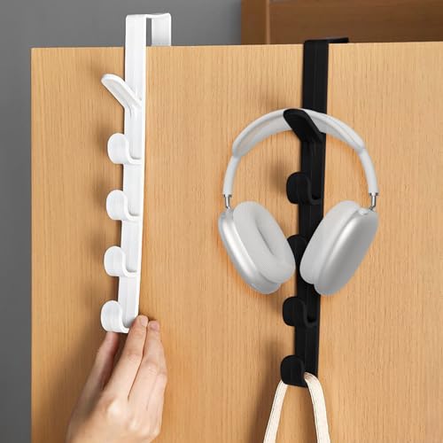 2PCS Over the Door Hooks, No-Drill Vertical 5-Hook Rail Organizer for Clothes, Towels and Bags, Slim Door Space Saver for Home & Apartments, Black White