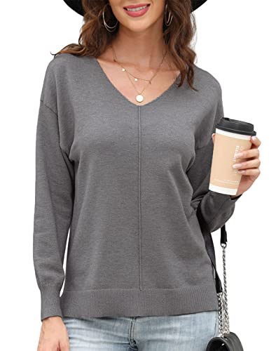 Svanco Pull Femme Pullover T Shirt Sweater Uni en Maille avec Bords Côtes Manches Longues Tricoté Sauteur Casual Sweats Blouse Col V Top Hauts Chandail Automne Hiver(Gris,S) Cover