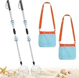 KAHEIGN 2Pcs Strand Sandschaufel mit Muschelbeuteln, 55–84 cm Einstellbar Sandschaufel Teleskopschaufel und Mesh Strandtasche, Strandspielzeug zum Sammeln von Muscheln und Steinen