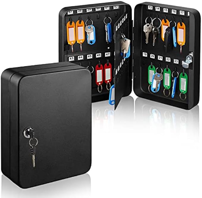 AdirOffice Key Lock Box Cabinet Wall Mount with Keys & 48 Colored Name Tags - Key Safe Organizer for A Mess Free Work Place Such As Car Dealer, Property Manager, Valet Parking & More (48 Keys, Black)