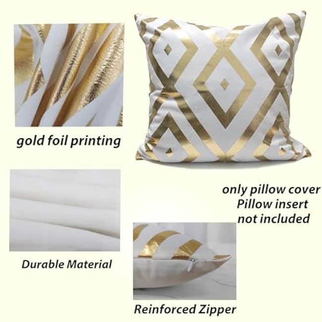2Pcs Home Decorative Pillow Covers, Gold Foil Throw Pillow Geometric Square Cushion Covers Decor 18x18 inch Living Room Home Room Decor for Car Bed Couch (White and Gold)