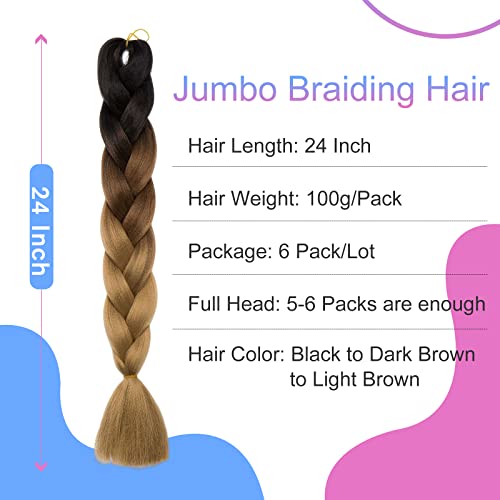 Tesshair 6 Packs 24 Inch Colored Braiding Hair Extensions For Women, High Temperature Synthetic Fiber Jumbo Braiding Hair For Twist Braids Marley Braid (Black To Dark Brown To Light Brown) 100G/Pack #TOP1