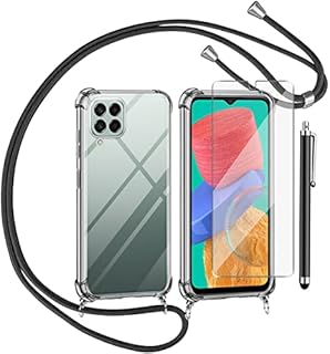 for Samsung Galaxy M33 5G case with Tempered Glass Screen Protector, Necklace Adjustable Length Lanyard Cord Clear Silicone Shockproof Bumper Protective Phone Case Cover for Samsung M33 5G Black