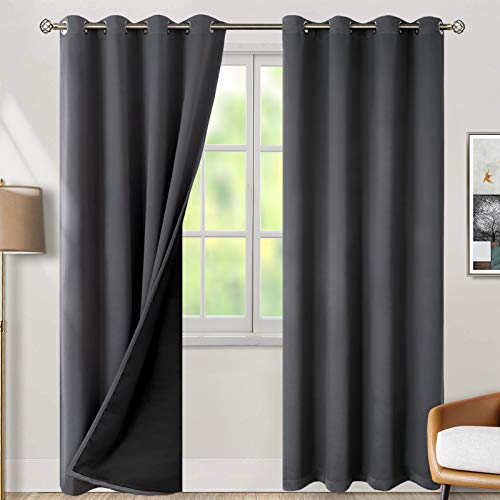 BGment Thermoisolierte Verdunkelungsvorhänge für Schlafzimmer mit schwarzem Futter, doppellagig, verdunkelnd, geräuschreduzierende Ösen (132 x 244 cm, dunkelgrau, 2 Paneele) Cover
