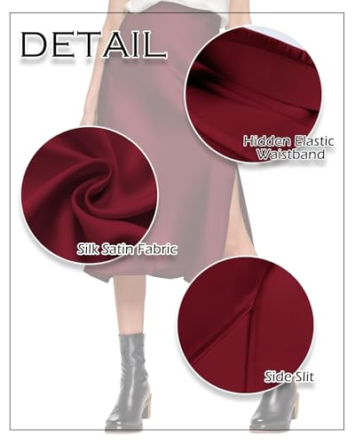 Image of Amy Babe Womens Satin Silk High Waist Slit Midi Skirt Long Skirts for Women | Elastic Waistband, Side Split, Midi Length, Below the Knee, Silky Fabric, Elegant, Fall Winter Outfits