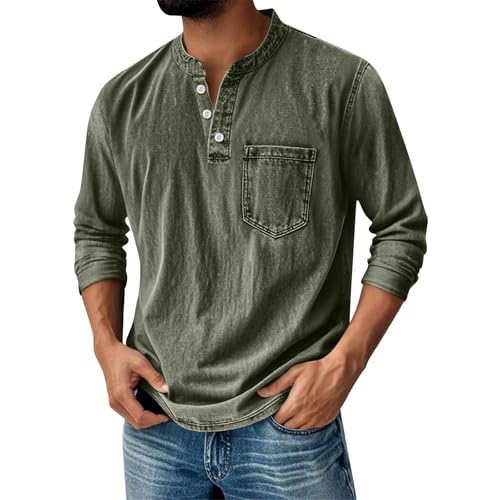 Mokaloha Mens Shirts Henley Retro Button Down Casual Shirts Distressed Stand Collar Pocket Fall Vintage Washed Tops