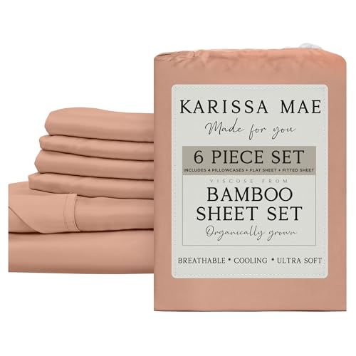 Image of KARISSA MAE 6 Piece Luxury Bamboo Viscose 34 inch Split Top King Size Sheet Set | Single 34 inch Split Fitted Sheet | Sleep Number & Adjustable Bed | Cooling | 18 inch Deep Pocket | 4 Pillowcases [Terracotta]