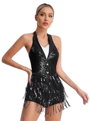 iiniim Damen Latein Tanzkleid Glitzer Ballettkleid Pailletten Fransen Jumpsuit Overall Jazz Tanzkleidung Ballsaal Show Performance Tanzkostüm Schwarz S
