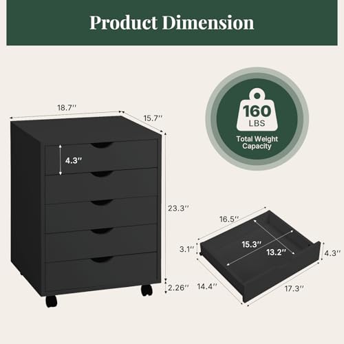 Image of Mobile File Cabinet Under Desk, 5 Drawer Storage Organization with Wheels, Vertical Filing Chest Rolling Wood Small Desk Printer Stand for Home Office, 15.75 inch D x 18.74 inch W x 25.39 inch H