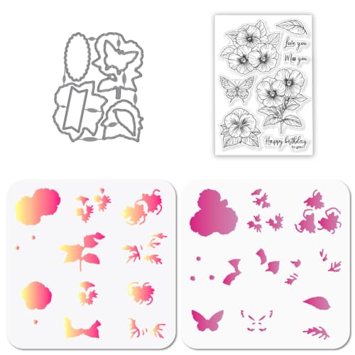 GLOBLELAND Estampas transparentes de amor-perfeito e borboleta, corte floral, corte em camadas, flor