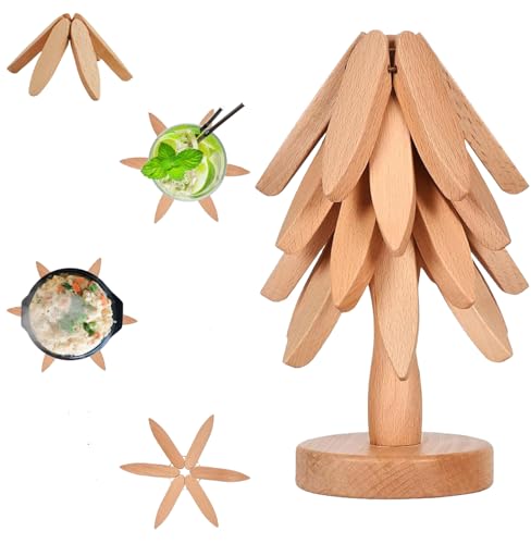 Thick&Thin Trivets for Hot Dishes, 4 Wooden Tree Hot Pads Auto Foldable Coasters, Protecting The Kitchen Table Suitable for Hot Dishes, Pots, Bowls, Teapots, Hot Pot Racks