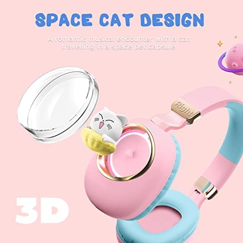 JYPS Kids Wireless headphones with Microphone, Childrens 3D Cat Headphones Over-ear with Led Light, Foldable Bluetooth Headphones for Girls/Teenager/Adult Women, Cat Birthday