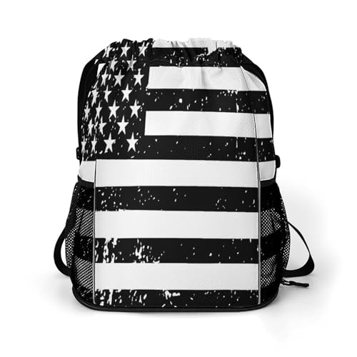 Black American Flag Drawstring Backpack Sports Gym String Bag Sackpack Water Resistant Pockets for Women Men