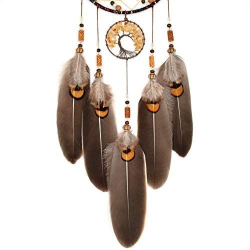 Urdeoms Brown Dream Catchers Tree of Life Boho Dreamcatcher for Bedroom Adult with Feathers and Citrine Crystal Wall Hanging Decor for Home Festival Blessing Gifts 18" Length (NO.11) - Image 4