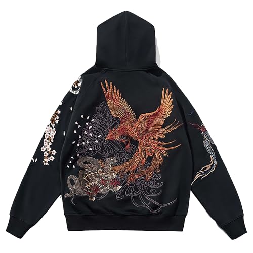 Men'S Japanese Streetwear Hoodie Phoenix Embroidered Hoodie Cotton
