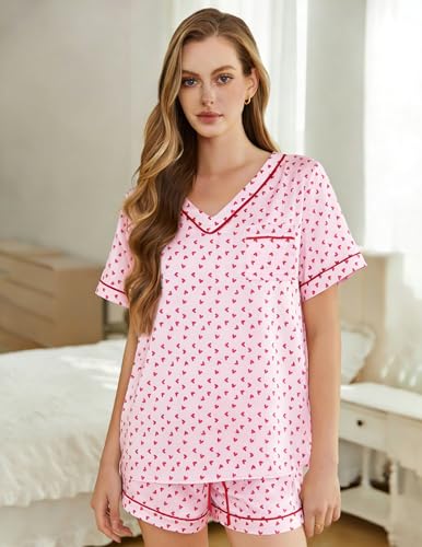 Image of ASTANFY Valentines Day Pajamas Women 2 Piece Silk Valentine Pjs Cute Heart Pajamas V Neck Satin Sleepwear Loungewear Set