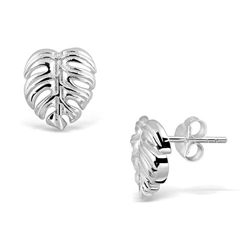 Sterling Silver Tropical Floral Palm Monstera Leaf Hypoallergenic Stud Earrings | Nature Statement Jewelry for Women