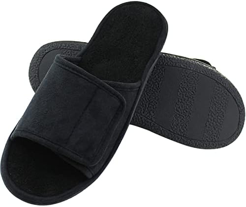 Magtoe House Slippers for Men Open Toe Slippers - Mens Adjustable Closure Strap Slippers Indoor Slides Slipper Shoes Memory Foam Summer Micro Suede Home Slippers, Black, Medium(9-10)
