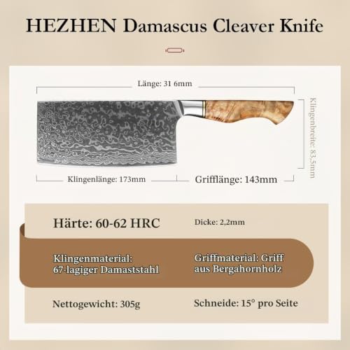 Foto von HEZHEN Küche Gemüse Fleischbeil Chinesischer Koch Kochmesser 17.3cm-Metzgermesser 67-Lagig Damaskus Stahl Geschmiedet Scharfe Fleischwolf Messer-rutschfeste Holzgriff + Geschenkbox