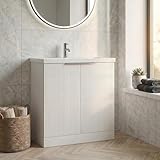 BAYSTONE® Fluted 800mm Bathroom Vanity Unit Ceramic Wash Sink, Cloakroom Storage Furniture Under Basin Cabinet Floorstanding Cupboard, Matt White
