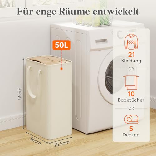 Lifewit 50L Wäschekorb schmal mit Griffen, faltbarer Wäschesammler für kleine Räume, schlanker Wäschebox für Bad, Schlafzimmer, Waschraum & Studentenwohnheim, Weiß