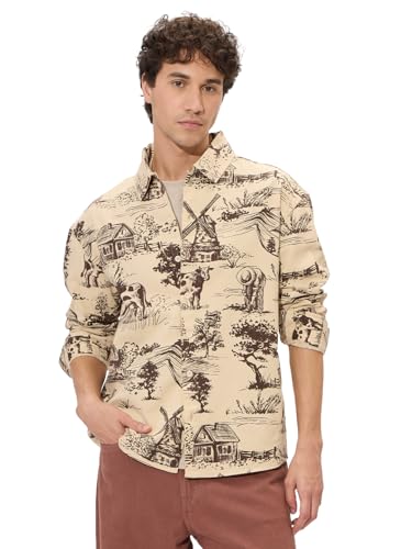 Image of The Souled Store Rolling Hills Men and Boys Long Sleeves Collared Neck Button Front Beige and Brown All Over Printed Cotton Shackets